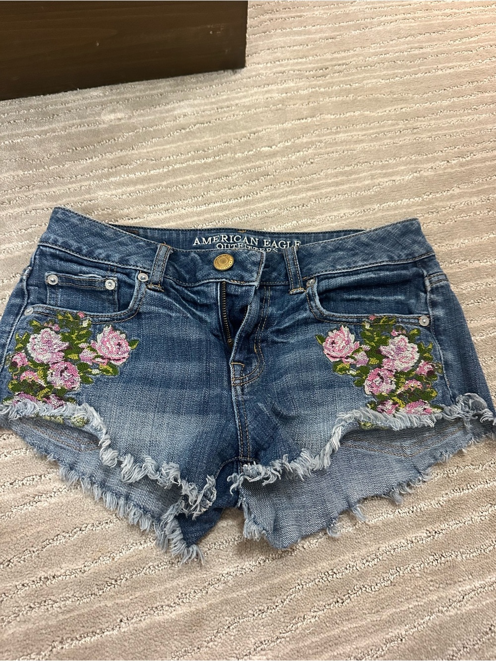 American Eagle Outfitters Blue Denim Shorts with Pink Floral Embroidery
